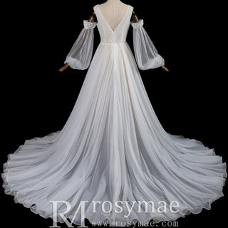 Ethereal Fairytale Plunging V-Neck A-Line Wedding Dress with Detachable Bishop Sleeves