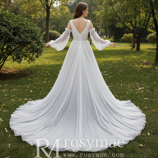 Ethereal Fairytale Plunging V-Neck A-Line Wedding Dress with Detachable Bishop Sleeves