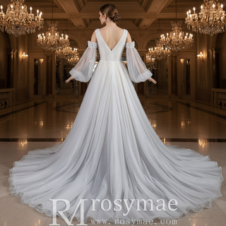 Ethereal Fairytale Plunging V-Neck A-Line Wedding Dress with Detachable Bishop Sleeves