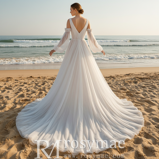 Ethereal Fairytale Plunging V-Neck A-Line Wedding Dress with Detachable Bishop Sleeves
