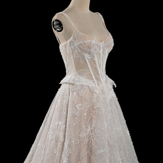 Sheer Bodice A-Line Floral Lace Motifs Wedding Dress with Square Neckline