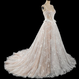 Sheer Bodice A-Line Floral Lace Motifs Wedding Dress with Square Neckline