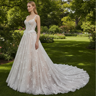 Sheer Bodice A-Line Floral Lace Motifs Wedding Dress with Square Neckline