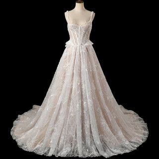 Sheer Bodice A-Line Floral Lace Motifs Wedding Dress with Square Neckline