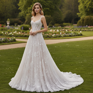 Sheer Bodice A-Line Floral Lace Motifs Wedding Dress with Square Neckline
