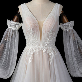 Ethereal Fairytale Plunging V-Neck A-Line Wedding Dress with Detachable Bishop Sleeves
