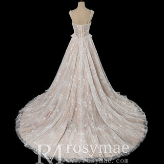 Sheer Bodice A-Line Floral Lace Motifs Wedding Dress with Square Neckline