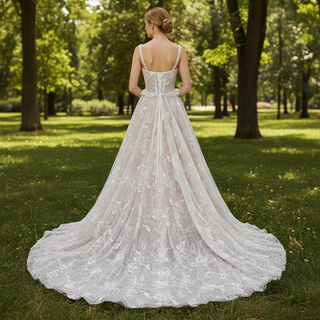 Sheer Bodice A-Line Floral Lace Motifs Wedding Dress with Square Neckline