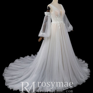 Ethereal Fairytale Plunging V-Neck A-Line Wedding Dress with Detachable Bishop Sleeves