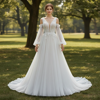 Ethereal Fairytale Plunging V-Neck A-Line Wedding Dress with Detachable Bishop Sleeves