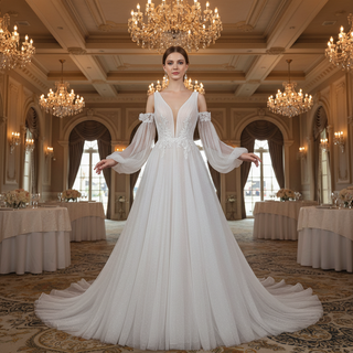 Ethereal Fairytale Plunging V-Neck A-Line Wedding Dress with Detachable Bishop Sleeves