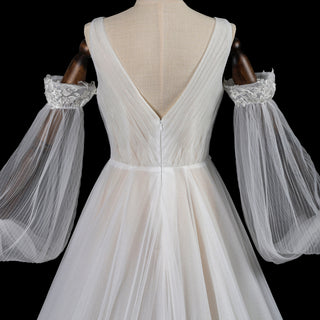 Ethereal Fairytale Plunging V-Neck A-Line Wedding Dress with Detachable Bishop Sleeves