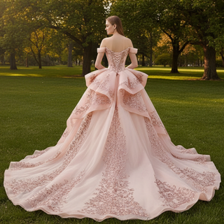 Off the Shoulder Blush Ruffle Wedding Dress with Detachable Overskirt