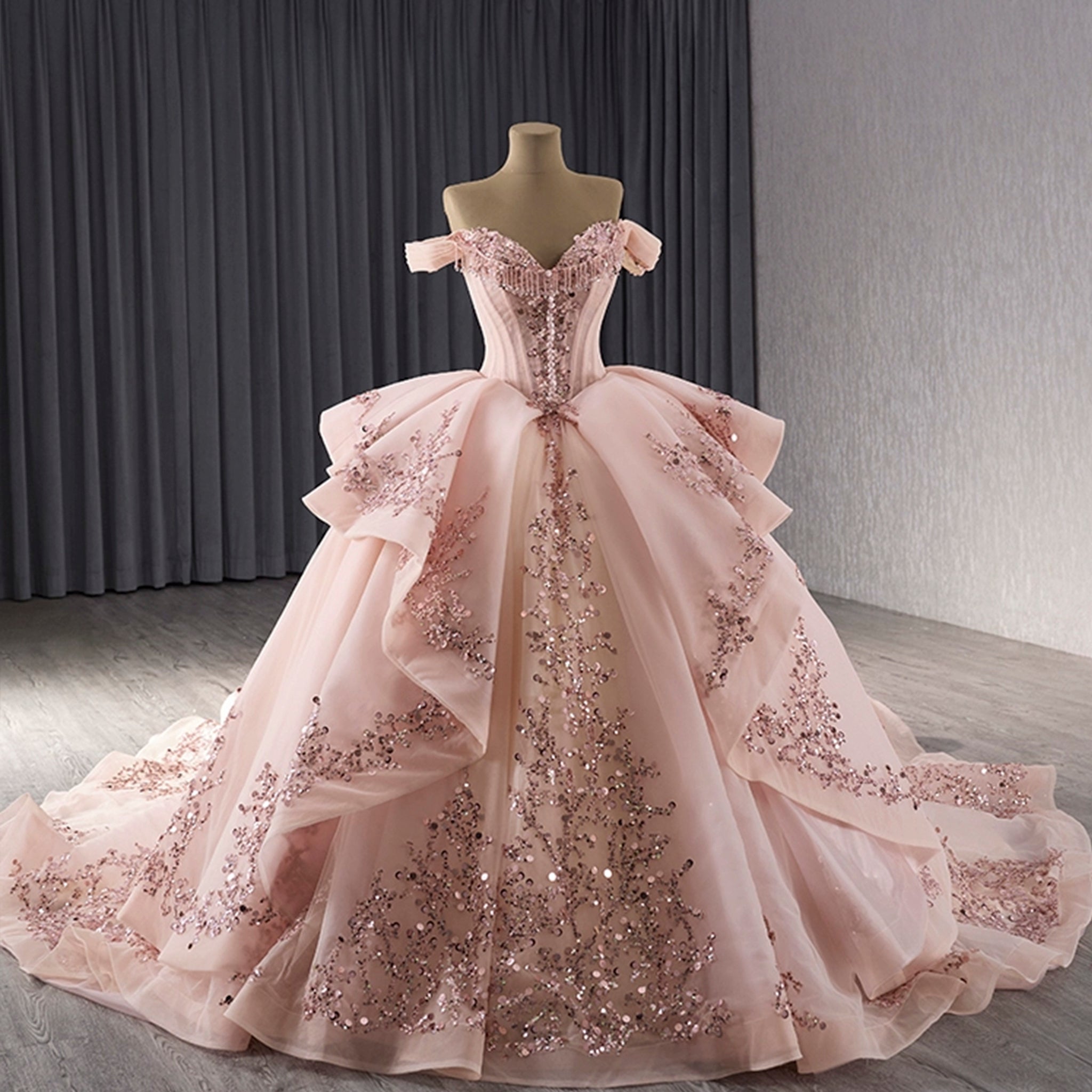 Off the Shoulder Blush Ruffle Wedding Dress with Detachable Overskirt Blush / 12 Off the Shoulder Blush Ruffle Wedding Dress with Detachable Overskirt Blush / 12