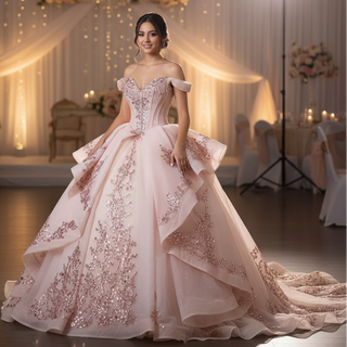 Off the Shoulder Blush Ruffle Wedding Dress with Detachable Overskirt