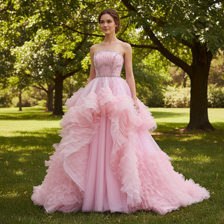 Pink Crystal Beaded Ball Gown Asymmetrical Prom Party Dress with Layered Ruffle