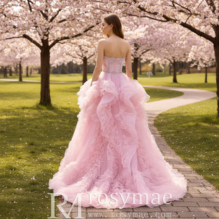 Pink Crystal Beaded Ball Gown Asymmetrical Prom Party Dress with Layered Ruffle