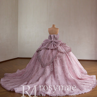 Blush Pink Sequin Ball Gown with Off-Shoulder Sleeves & Dramatic Back Bow