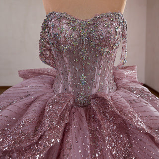 Blush Pink Sequin Ball Gown with Off-Shoulder Sleeves & Dramatic Back Bow