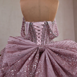 Blush Pink Sequin Ball Gown with Off-Shoulder Sleeves & Dramatic Back Bow