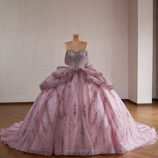 Blush Pink Sequin Ball Gown with Off-Shoulder Sleeves & Dramatic Back Bow