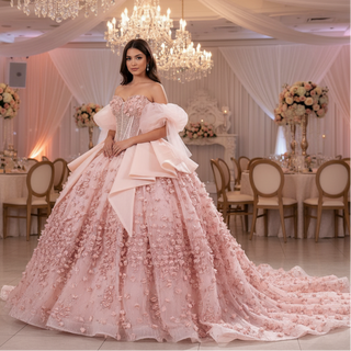 Blush Puffy 3D Flowers Quinceanera Dress with Detachable Bowknot
