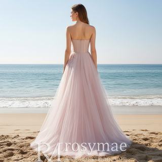 Fairytale Leafy Sequined Appliqués Blush Formal Gown with Asymmetric High Slit