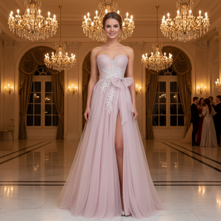 Fairytale Leafy Sequined Appliqués Blush Formal Gown with Asymmetric High Slit