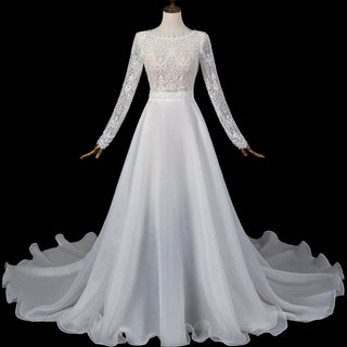 Long Sleeve A-Line Boho Wedding Dress with Illusion Boat Neck & Crochet Lace Bodice