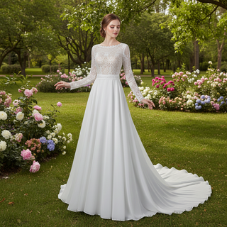 Long Sleeve A-Line Boho Wedding Dress with Illusion Boat Neck & Crochet Lace Bodice