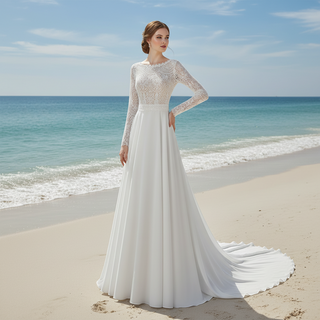 Long Sleeve A-Line Boho Wedding Dress with Illusion Boat Neck & Crochet Lace Bodice