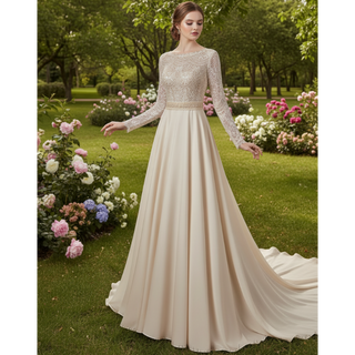 Long Sleeve A-Line Boho Wedding Dress with Illusion Boat Neck & Crochet Lace Bodice