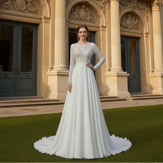 Long Sleeve A-Line Boho Wedding Dress with Illusion Boat Neck & Crochet Lace Bodice