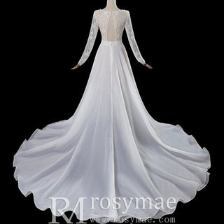 Long Sleeve A-Line Boho Wedding Dress with Illusion Boat Neck & Crochet Lace Bodice