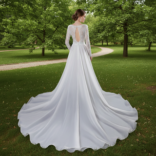 Long Sleeve A-Line Boho Wedding Dress with Illusion Boat Neck & Crochet Lace Bodice