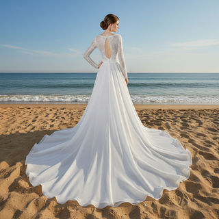 Long Sleeve A-Line Boho Wedding Dress with Illusion Boat Neck & Crochet Lace Bodice