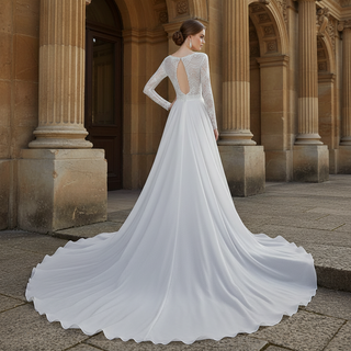 Long Sleeve A-Line Boho Wedding Dress with Illusion Boat Neck & Crochet Lace Bodice