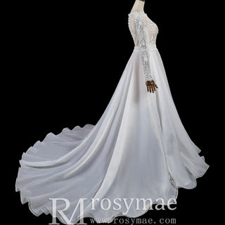 Long Sleeve A-Line Boho Wedding Dress with Illusion Boat Neck & Crochet Lace Bodice