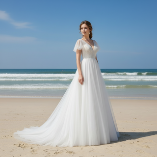Classic Rustic Outdoor A-Line Wedding Dress with Flutter Sleeves