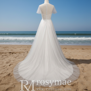 Classic Rustic Outdoor A-Line Wedding Dress with Flutter Sleeves
