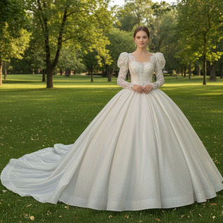 Puffy Long Sleeves Wedding Dresses Sheer Back Bridal Gowns