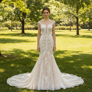 Cap-Sleeves Trumpet/Mermaid Appliques Garden/Outdoor Wedding Dress