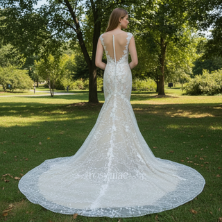 Cap-Sleeves Trumpet/Mermaid Appliques Garden/Outdoor Wedding Dress