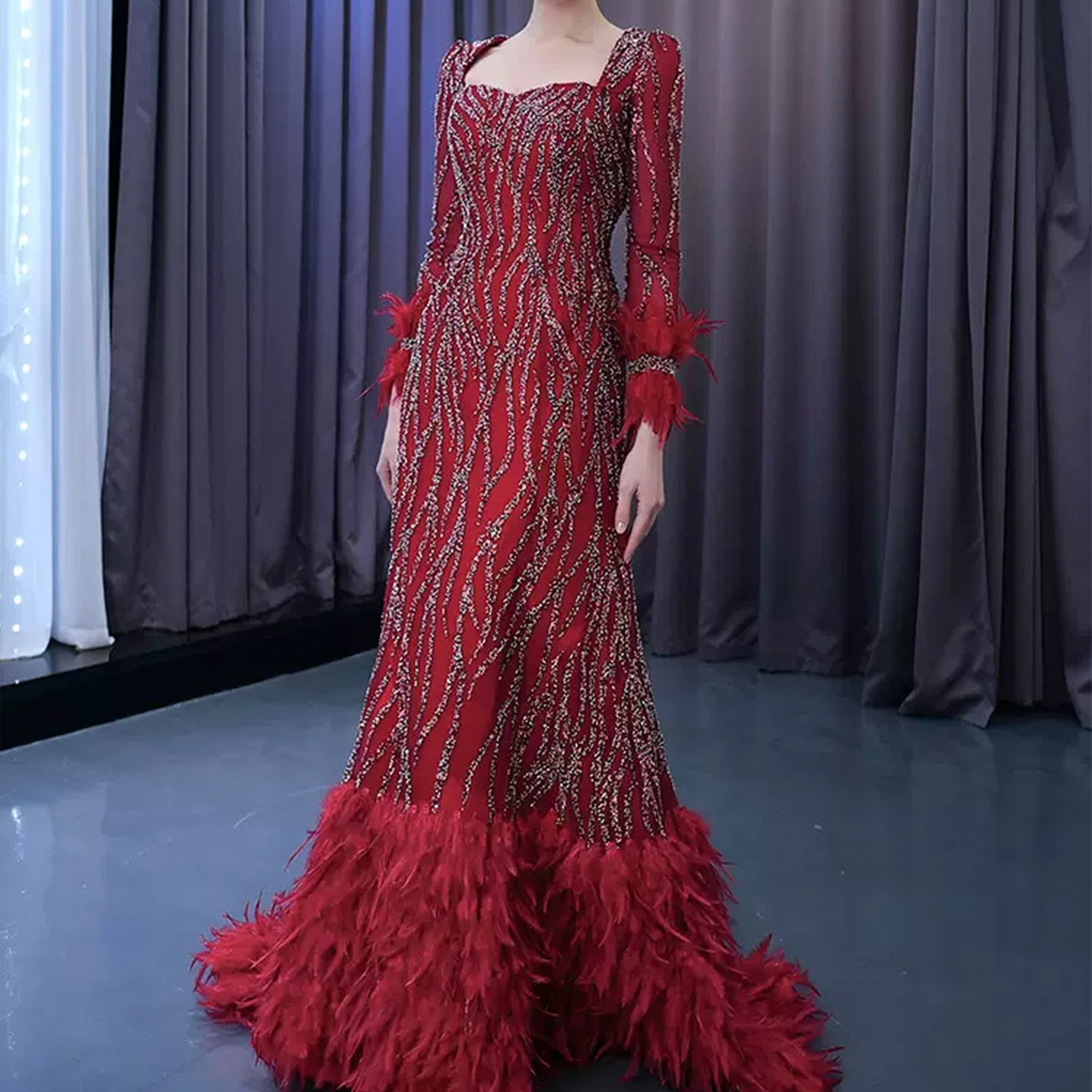 Burgundy Long Sleeves Feathers Evening Gown Square Neck Beaded Prom Dr Rosymae Burgundy Long Sleeves Feathers Evening Gown Square Neck Beaded Prom Dr Rosymae