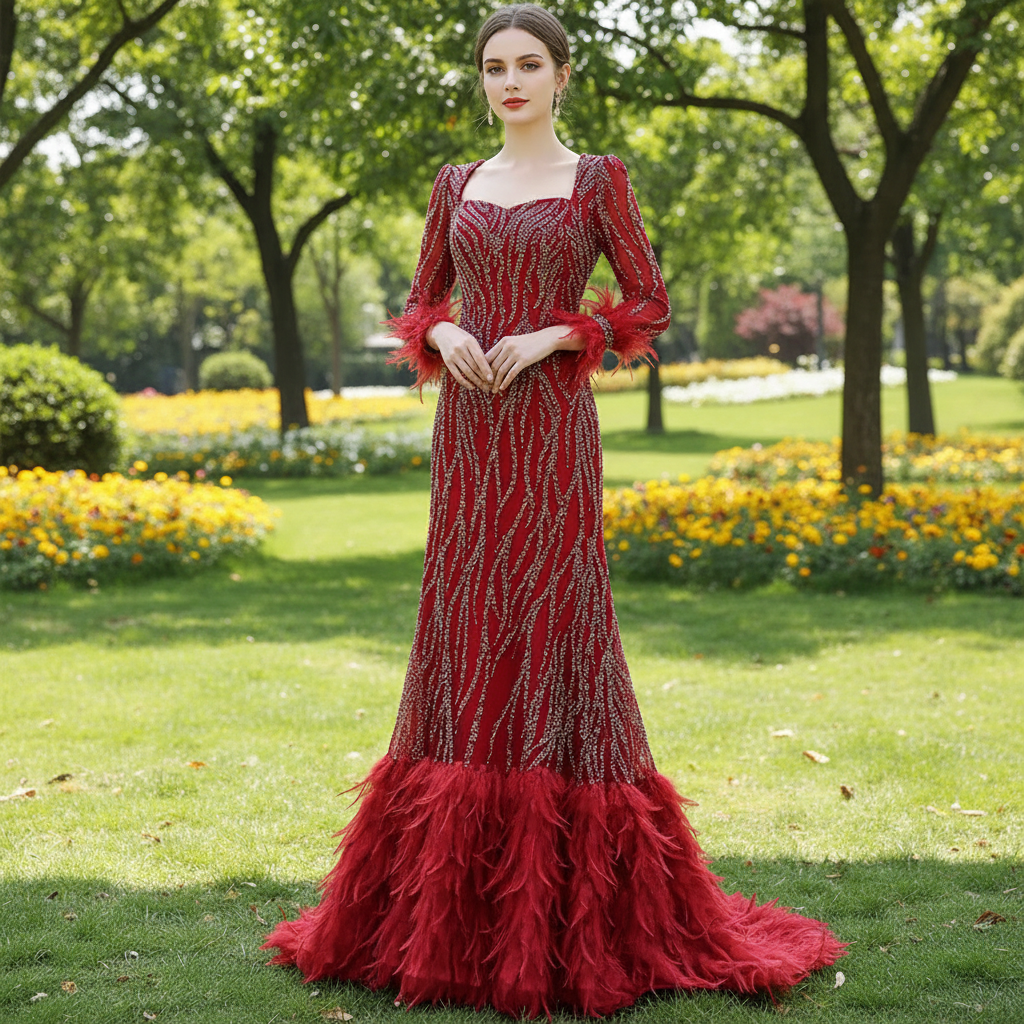Burgundy Long Sleeves Feathers Evening Gown Square Neck Beaded Prom Dress Burgundy / 24W Burgundy Long Sleeves Feathers Evening Gown Square Neck Beaded Prom Dress Burgundy / 24W