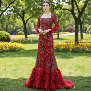 Burgundy Long Sleeves Feathers Evening Gown Square Neck Beaded Prom Dress