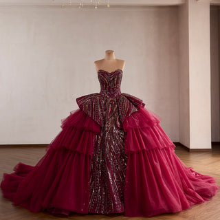 Burgundy Sequin Quinceañera Dress with 3D Bow Peplum & Tiered Ruffle Tulle Train