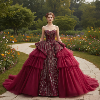 Burgundy Sequin Quinceañera Dress with 3D Bow Peplum & Tiered Ruffle Tulle Train
