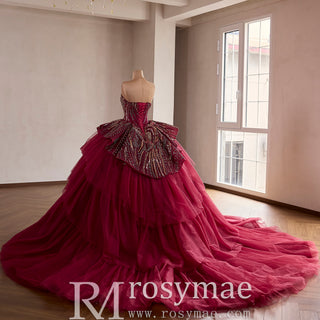 Burgundy Sequin Quinceañera Dress with 3D Bow Peplum & Tiered Ruffle Tulle Train