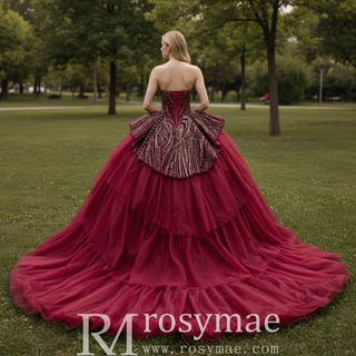 Burgundy Sequin Quinceañera Dress with 3D Bow Peplum & Tiered Ruffle Tulle Train